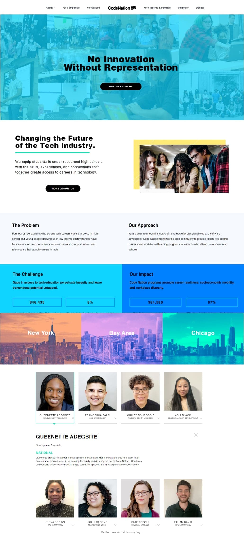 The rebuilt Code Nation site from top to bottom: hero, mission, programme outcomes, city pages, and the animated team directory