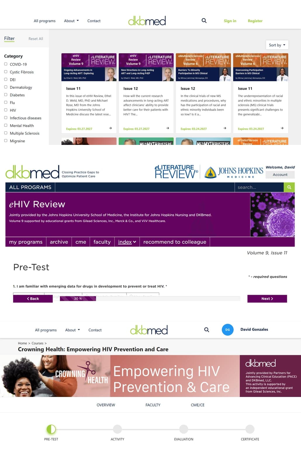 The DKB Med platform: the filterable course catalogue, a pre-test carrying Johns Hopkins co-branding, and the four-step course journey from pre-test through activity and evaluation to certificate