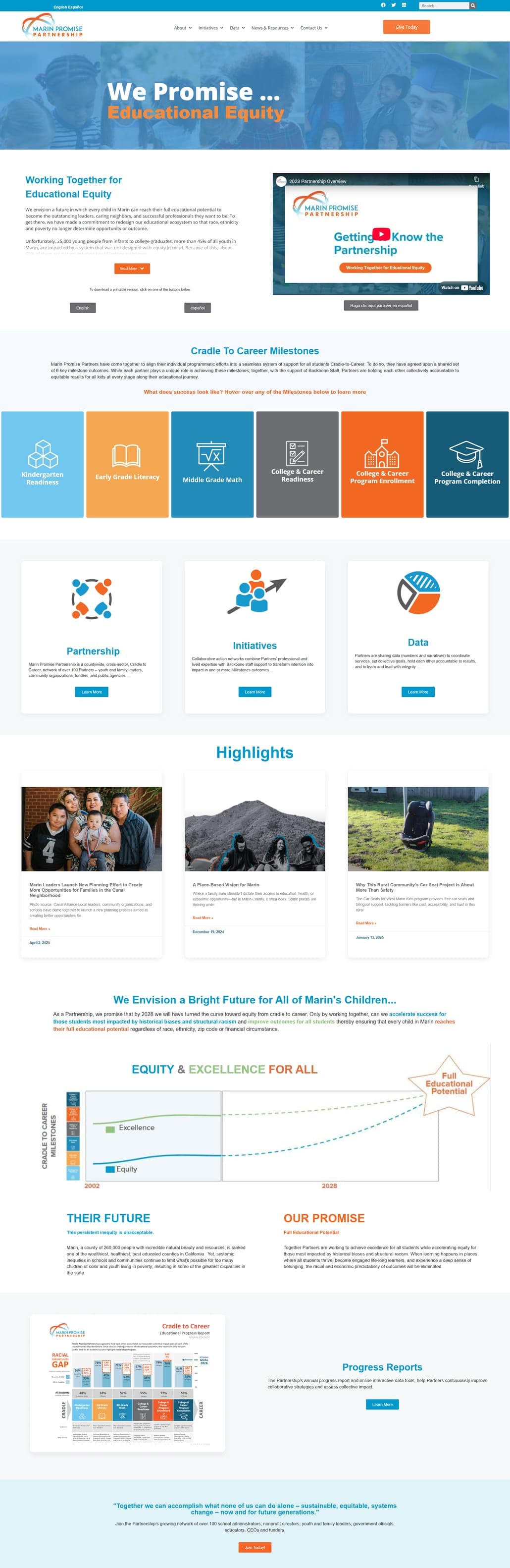 The rebuilt Marin Promise Partnership site from top to bottom: the educational equity hero, cradle-to-career milestones, partnership and data pathways, highlights, the equity and excellence chart, and progress reports