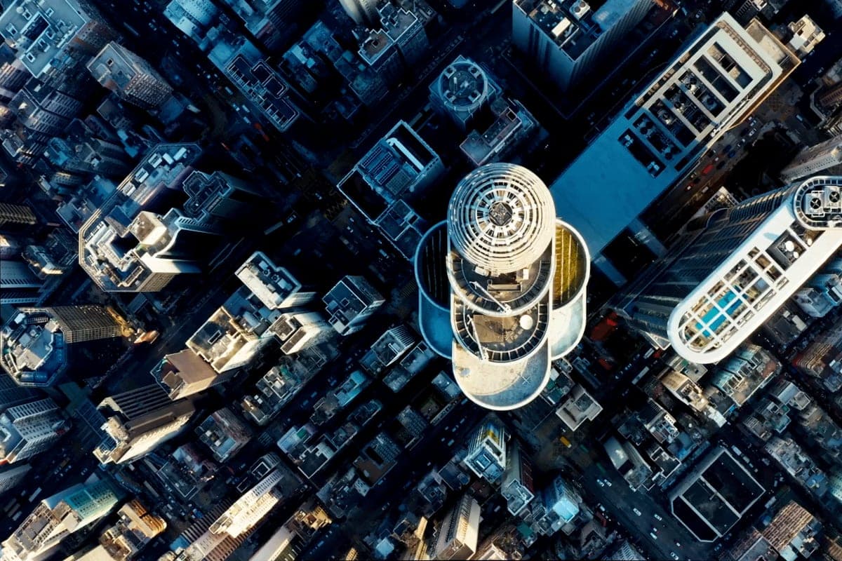 Overhead aerial view of a dense city financial district