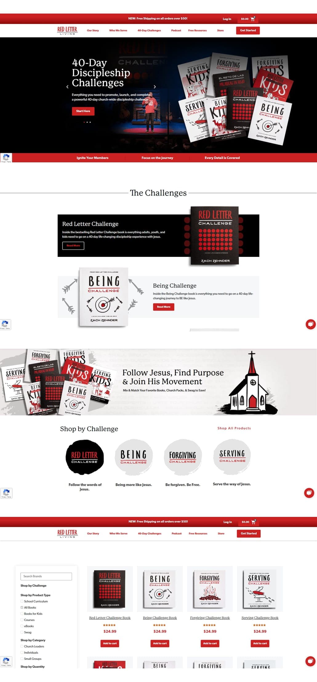 The Red Letter Living site across four screens: the 40-Day Challenges hero, the resource store with its custom filter, product detail, and the church quote request flow