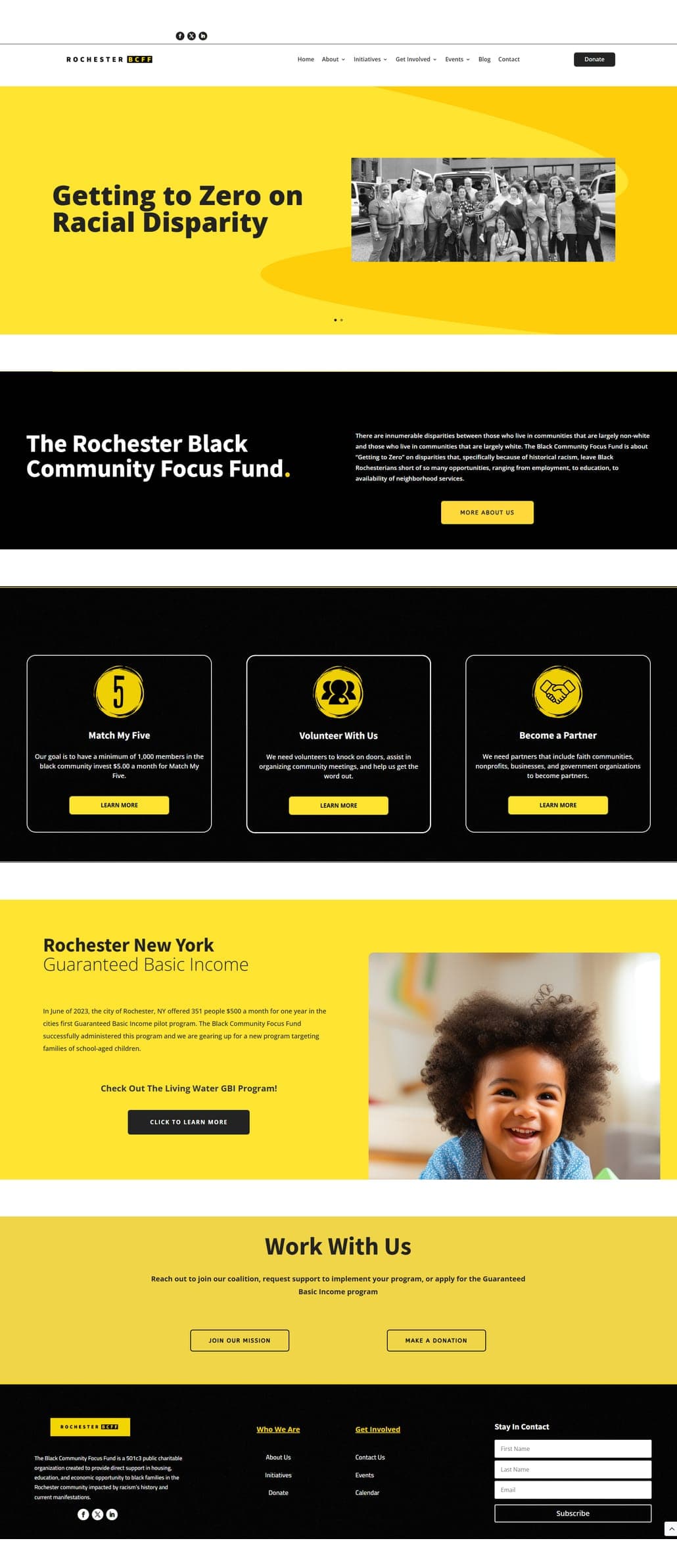 The Rochester BCFF site: the Getting to Zero on Racial Disparity hero, the fund's initiatives, the Match My Five, volunteer, and partner paths, and the Work With Us section covering the guaranteed basic income application