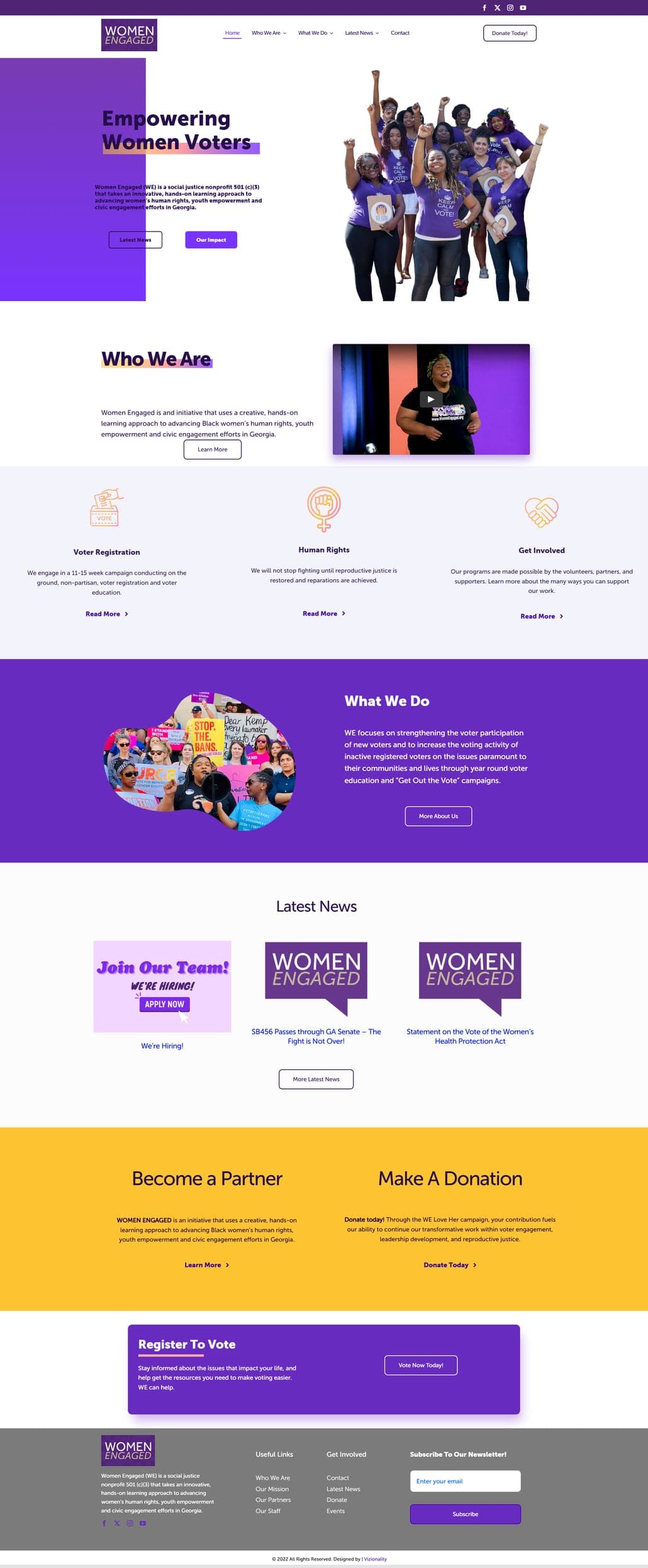 The rebuilt Women Engaged site from top to bottom: the Empowering Women Voters hero, Who We Are, the organisation's programme areas, latest news, and the newsletter signup